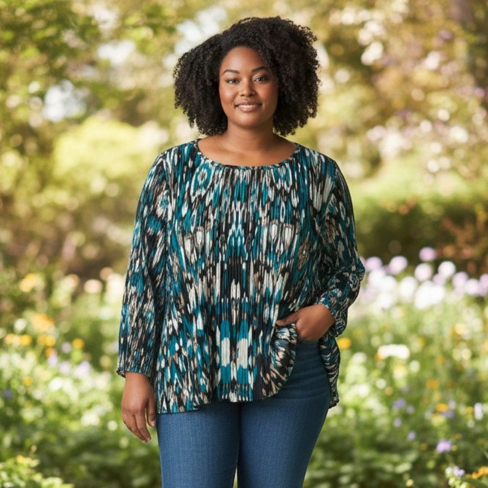 Soft Surroundings Teal Black Ikat Pleated Tunic Top 1X 5GL74 NEW